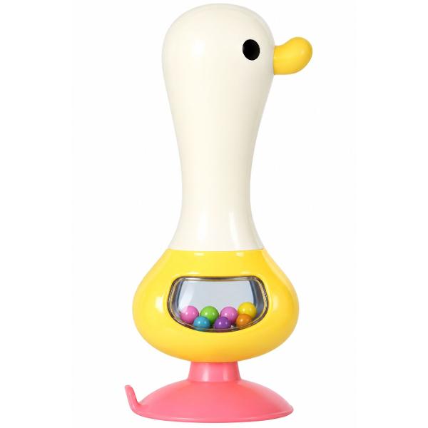 Jucarie Bebe Cu Ventuza Si Zornaitoare Ratusca este o jucarie interactiva 2 in 1 conceputa pentru stimularea simturilor si dezvoltarea timpurie a bebelusului Jucaria are un design vesel in forma de ratusca si este prevazuta cu o ventuza la baza care permite fixarea pe suprafete netede precum masa sau tavita scaunului de masa Compartimentul transparent contine bilute colorate care se misca si produc sunete atunci cand jucaria este agitata sau miscata stimuland atentia vizuala si auditiva 