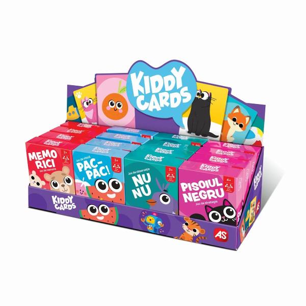Kiddy Cards este un joc de carti educativ pentru copii conceput pentru a imbina distractia cu dezvoltarea abilitatilor cognitive Are propriul tip de mecanica de joc precum memorie viteza observatie sau strategie fiind adaptate varstei recomandate si potrivite pentru minimum 2 jucatori Regulile sunt simple si usor de inteles ceea ce permite invatarea rapida si implicarea activa a copiilor Jocul contribuie la dezvoltarea atentiei concentrarii gandirii logice si a interactiunii 