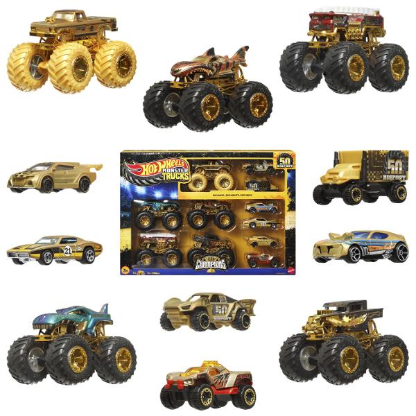 Intra in arena campionilor cu setul Hot Wheels Monster Trucks Trophy Champions Acest pachet spectaculos contine 11 vehicule exclusive printre care 5 monster truck impunatori si 6 masini Hot Wheels cu design metalic premium Detaliile aurii si rotile masive transforma fiecare camion intr-o adevarata piesa de colectie perfecta pentru curse epice si cascadorii uimitoare Inspirat de legendarul Bigfoot acest set aduce impreuna puterea stilul si performanta intr-o editie de colectie 