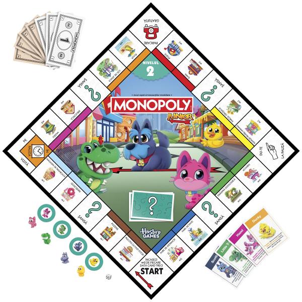 Fiecare miliardar incepe de undeva Acest joc 2 in 1 Monopoly Junior pentru copii include o tabla cu doua fete si 2 niveluri de dificultate astfel incat familiile pot alege nivelul care li se potriveste cel mai bine Nivelul 1 este recomandat pentru copiii cu varsta de 4 sau 5 ani si ajuta copiii sa exerseze potrivirea si numaratul cand numara spatii potrivesc imagini si cumpara proprietati Castiga jucatorul cu cele mai multe proprietati &Icircntoarce tabla de joc pentru a trece la 