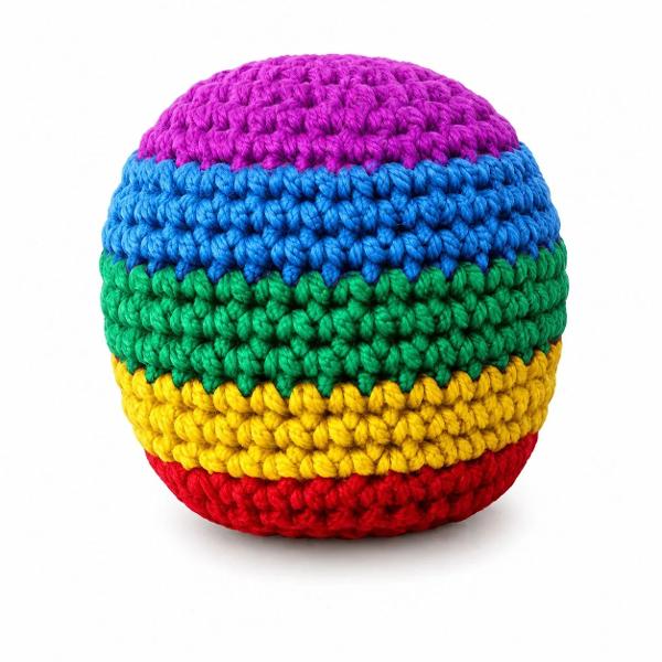 Wacky Kicks este o minge tricotata viu colorata conceputa pentru joaca senzoriala si activitati interactive Suprafata texturata ofera o senzatie placuta la atingere si stimuleaza explorarea tactila iar forma compacta permite prinderea si manevrarea cu usurinta Mingea poate fi folosita pentru exercitii de aruncare prindere si coordonare mana-ochi contribuind la dezvoltarea motricitatii si a dexteritatii Designul multicolor si textura impletita transforma produsul intr-o jucarie 