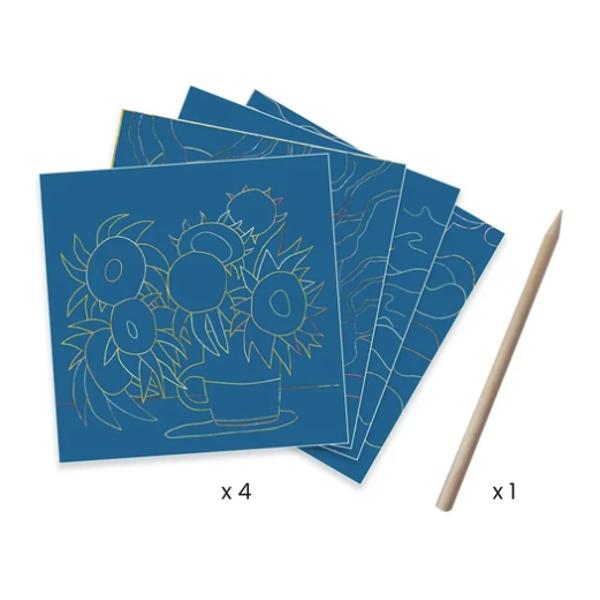 Un pachet de cartona&537;e razuibile &icirc;i invit&259; pe copii s&259; descopere stilul lui Vincent Van Gogh marele maestru al prefauvismului Folosind stiloul din lemn copiii razuiesc suprafa&539;a cartona&537;elor dezv&259;luind motivele imaginate de ilustrator Astfel imaginile sunt dezv&259;luite treptat iar peisajele prind via&539;&259;Descoperi&539;i opera lui Vincent van GoghO &icirc;nt&acirc;lnire &icirc;ntre un ilustrator contemporan &537;i marele 
