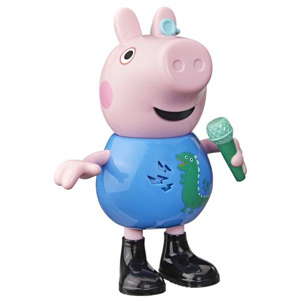 Descopera distractia muzicala alaturi de George indragitul personaj din seria Peppa Pig Figurina interactiva include peste 50 de sunete melodii si reactii amuzante Copiii pot apropia microfonul de gura figurinei pentru a-l auzi cantand pot apasa pe burta pentru a activa sunete si replici sau pot misca figurina pentru a descoperi diferite reactii Jucaria incurajeaza jocul de rol imaginatia si exprimarea muzicala fiind potrivita pentru micii fani Peppa Pig George tine in mana un microfon 