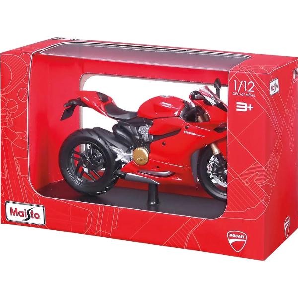 Motocicleta Ducati Panigale 1199 in miniatura la scara 112 este realizata din metal turnat si detalii din plastic de inalta calitate Produsul reda cu fidelitate liniile sportive si elegante ale modelului original fiind vopsit in rosu intens si dotat cu elemente realiste precum sistemul de evacuare suspensie si jantele sport Aceasta replica este expusa intr-o cutie tip vitrina ceea ce o face ideala atat pentru joaca cat si pentru colectie Recomandata copiilor de peste 3 ani 
