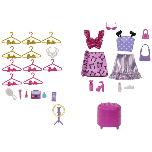 Dulapul Barbie Deluxe Style este un set de joaca elegant conceput pentru pastrarea si organizarea tinutelor si accesoriilor Barbie Designul tip dressing in nuante de roz si auriu ofera multiple spatii pentru haine pantofi genti si alte accesorii fashion Dulapul se deschide pentru a crea o zona generoasa de joaca si include rafturi suporturi si spatii pentru organizarea diferitelor piese Manerul integrat permite transportarea mai usoara a setului iar dupa joaca dulapul poate fi inchis 