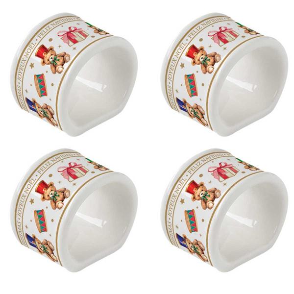 Completeaz&259; decorul mesei festive cu setul de 4 inele din por&539;elan pentru &537;erve&539;ele Easy Life colec&539;ia Christmas Teddy un accesoriu elegant &537;i practic creat pentru a aduce un plus de farmec aranjamentelor de Cr&259;ciunRealizate din por&539;elan inelele impresioneaz&259; prin designul festiv &537;i delicat decorat cu ursule&539;i adorabili mici 