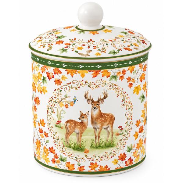 Realizat din por&539;elan &537;i decorat cu ilustra&539;ii delicate inspirate din natur&259; acest borcan aduce frumuse&539;ea &537;i culorile toamnei &icirc;n buc&259;t&259;ria taDecorul prezint&259; o familie de c&259;prioare &icirc;ntr-un peisaj de p&259;dure &icirc;nconjurat&259; de frunze multicolore &537;i motive vegetale elegante Nuan&539;ele calde de galben portocaliu &537;i verde 