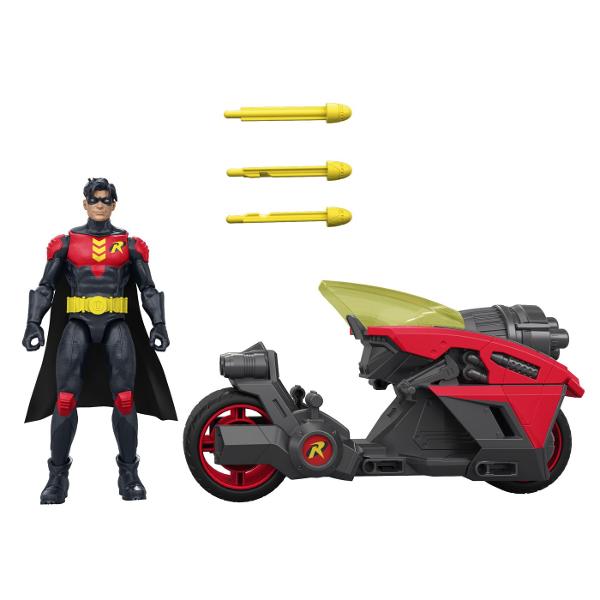Setul DC cu figurina Robin si motocicleta aduce aventurile supereroilor intr-un format dinamic de joaca Motocicleta are un design robust inspirat de stilul personajului Robin si este prevazuta cu mecanism de lansare a proiectilelor pentru scenarii de actiune si confruntari imaginare Setul include figurina Robin motocicleta si 3 proiectile care pot fi lansate din partea frontala a vehiculului Figurina poate fi asezata pe motocicleta pentru recrearea misiunilor si aventurilor inspirate din 
