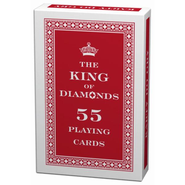 Cartile de joc King of Diamonds sunt potrivite pentru toate tipurile de jocuri clasice de carti Pachetul se compune din 55 de carti cu dimensiunile de 58x88 mm ale caror laturi contin simboluri internationale de figuri si culori Partea din spate a cartelei este decorata cu un model traditional