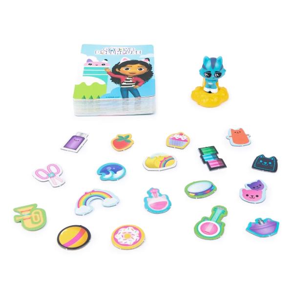 Jucati noul joc Gabbys Dollhouse pentru copii de la Spin Master Games jocul Match-ical Dollhouse cu potrivirea de memorie bazat pe emisiunea DreamWorks de pe Netflix Se intampla lucruri potrivite in mod magic in Dollhouse Pentru a juca pur si simplu realizati cat mai multe potriviri intre personaje si carti si mutati figura colectabila CatRat pe acoperis Copiii se vor indragosti de figura colectabila CatRat pe care o folositi pentru a face potrivirea cu pisica lui Gabby si pentru a 