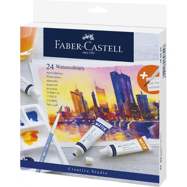 24 Culori  in tuburi 9 ml  Paleta Faber-CastellSet tempera include o paleta pentru mixarea culorilorCulori foarte pigmentate cu o luminozitate exceptionala sunt modalitatea ideala de a incepe cu pictura in acuarela 
