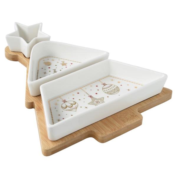 Set pentru aperitiv din portelan cu 3 piese si tava din bambus in forma de brad 21x25cm r2190chli