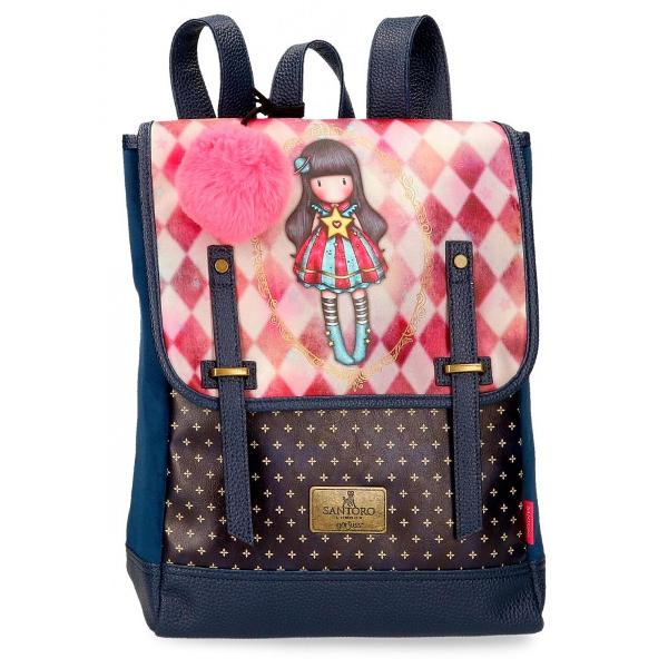 Rucsac scoala cu bretele ajustabile pentru o purtare confortabila 1 compartiment dimensiune 29x38x9 cm material piele sintetica culoare multicolor cu imprimeu personaj Gorjuss capacitate 9 litri compartiment special pentru laptop rucsacul poate fi transportata in mana de maner sau in spate cu ajutorul bretelelor rucsacul are ca accesorii pompon si un breloc care completeaza designul maner superior inchidere cu fermoar 2 buzunare interioare pentru depozitare accesorii si 