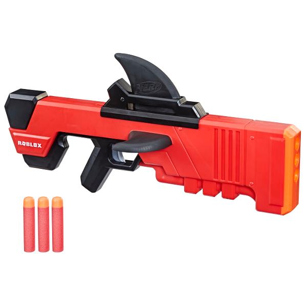 Acest blaster Nerf Roblox MM2 Shark Seeker este inspirat de jocul Roblox MM2 Include un cod special care iti permite sa rascumperi un articol virtual exclusiv pe Roblox Blasterul are un design extraordinar care aminteste de un rechin si include o aripioara pe care o misti pentru a arma blasterul Include 3 sageti Nerf Mega din spuma Pentru a incepe sa tragi incarca cele 3 sageti in partea din fata a blasterului misca aripioarele inainte si inapoi si apasa tragaciul pentru a lansa 1 
