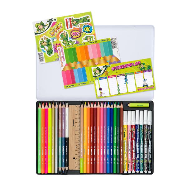 12x creioane colorate Superstick Clasic9x creioane colorate neon &537;i metalic1x creion grafit pentru copii7x pixuri cu fibre Superstar One1x rigl&259; 15cm1x radier&259; „RUBBY”