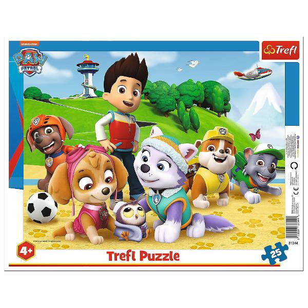 Puzzle format din 25 piese conceput pentru toti fanii Paw Patrol Pentru fabricarea puzzle-urilor cu rama dedicate copiilor mai mici s-au folosit materiale ecologice si hartie de panza care elimina reflexia luminii ceea ce garanteaza siguranta si distractia Dimensiuni puzzle 315 x 237 cm
