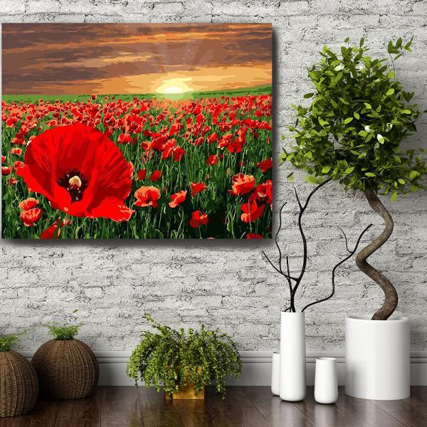 Set pictura pe numere panza Camp de maci rosii in amurg 40x50 cmDimensiuni 40 x 50 x 15 cmMaterial panza 70 poliester  30 bumbac vopseluri acriliceUrmareste pasii simpli ai pictarii pe numere si bucura-te de o experienta placuta Porneste intr-o noua aventura si creaza si tu acest tablou in culori calde cu titlul Camp de maci rosii in amurg 40x50 cm cu ajutorul materialelor incluse in acest set de pictura pe numere pentru adulti Totul este deja setat 
