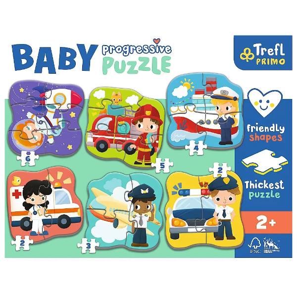 Puzzle Baby Progressive ofera pana la 6 puzzle-uri de forma mare pentru copii mici intr-un singur pachet Setul include 6 puzzle-uri compuse din 2 3 4 5 sau 6 piese puzzle-uri fiind concepute pentru copii de la 2 ani Numarul tot mai mare de elemente si nivelul de dificultate il fac un produs ideal pentru a incepe aventura puzzle-ului Cel mai gros carton de pe piata si forma potrivita pentru copii a elementelor ofera o potrivire perfecta pentru mainile mici si fac puzzle-ul sigur pentru 