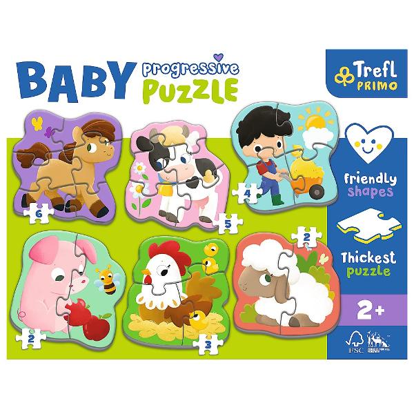 Puzzle Baby Progressive ofera pana la 6 puzzle-uri de forma mare pentru copii mici intr-un singur pachetSetul include 6 puzzle-uri compuse din 2 3 4 5 sau 6 piese puzzle-uri fiind concepute pentru copii de la 2 ani Numarul tot mai mare de elemente si nivelul de dificultate il fac un produs ideal pentru a incepe aventura puzzle-ului Cel mai gros carton de pe piata si forma potrivita pentru copii a elementelor ofera o potrivire perfecta pentru mainile mici si fac puzzle-ul sigur pentru 