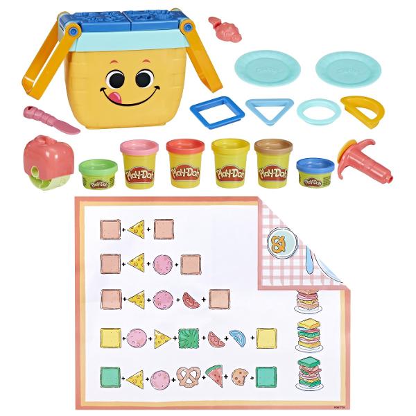 Ploaie sau soare setul de inceput Picnic Shapes este un set de picnic perfect pentru copii pentru oricand Vine cu 12 instrumente de pornire 6 culori Play-Doh si un cos de picnic de jucarie care depoziteaza instrumentele Pe masura ce copiii exploreaza forme de baza cum ar fi patrate cercuri si triunghiuri isi pot folosi imaginatia si pot stivui acele forme in sandvisuri Play-Doh Fie ca este primul lor set de start Play-Doh sau un cadou pentru copiii de 3 ani in sus lasa-i sa descopere 