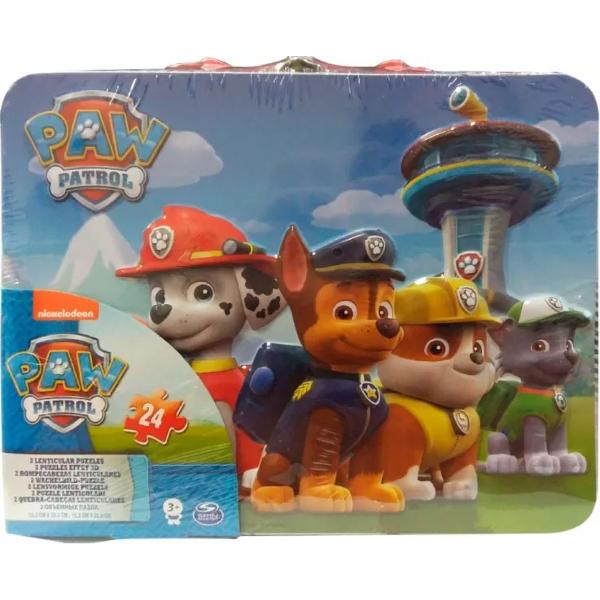 Descopera aventurile indragitelor personaje Paw Patrol pe masura ce asamblezi cele 2 puzzle-uri 3D aflate in gentuta metalica Fiecare puzzle este format din 24 piese Gentuta poate fi folosita si pentru depozitarea jucariilor sau ca gentuta pentru pranz