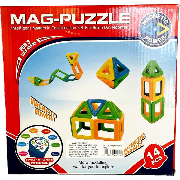 Joc de constructie magnetic Mag-Puzzle M537Contine 14 piese colorate 8 triunghiuri si 6 patrateVarsta recomandata 3 ani