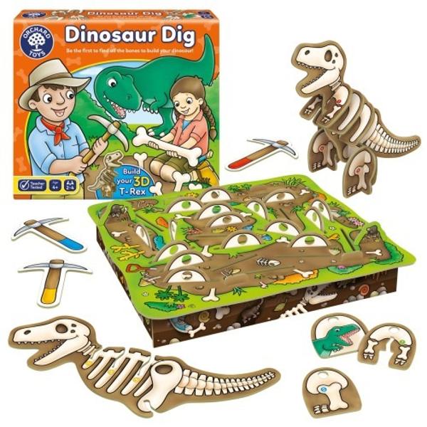 Un joc distractiv in care cei mici isi pot exersa rabdarea si dexteritatea cu scopul de a-si asambla propriul schelet de dinozaur Jucatorii prind cu ajutorul tarnacopului cate un os de dinozaur de pe tabla de joc In cazul in care culoarea de pe osul respectiv se potriveste cu culoarea dinozaurului lor jucatorii pot adauga piesa pentru a-si asambla dinozaurul Daca au agatat un cartonas cu T Rex vor pune inapoi o piesa pe tabla de joc  Continut 1 tabl&259; de 
