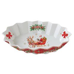 Adu magia Cr&259;ciunului la masa de s&259;rb&259;toare cu platoul din por&539;elan Easy Life colec&539;ia Christmas Heritage o pies&259; decorativ&259; elegant&259; inspirat&259; de farmecul &537;i tradi&539;iile s&259;rb&259;torilor de iarn&259;Realizat din por&539;elan alb platoul impresioneaz&259; prin forma sa oval&259; cu margini ondulate &537;i prin 