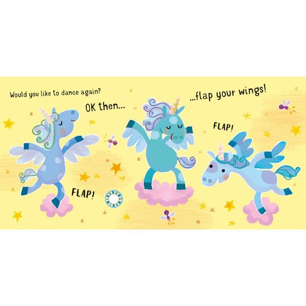 Are you ready to do the unicorn dance This magical novelty book is guaranteed to get little children moving It features a different group of dancing unicorns on each page with a lively tune for children to dance along to The inviting text explains one very simple dance move to go with each tune and then at the end they put them all together and do the whole dance while the unicorns neigh and sparkle