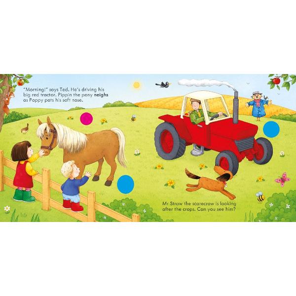 Join Poppy and Sam for a tour of Apple Tree Farm and all of its noisy animals Theres a different animal to hear on each double-page including Woolly the Sheep Curly the Pig and Clucky the Hen At the end all the farm animals make their noises together And of course the famous little yellow duck is hiding somewhere in each picture