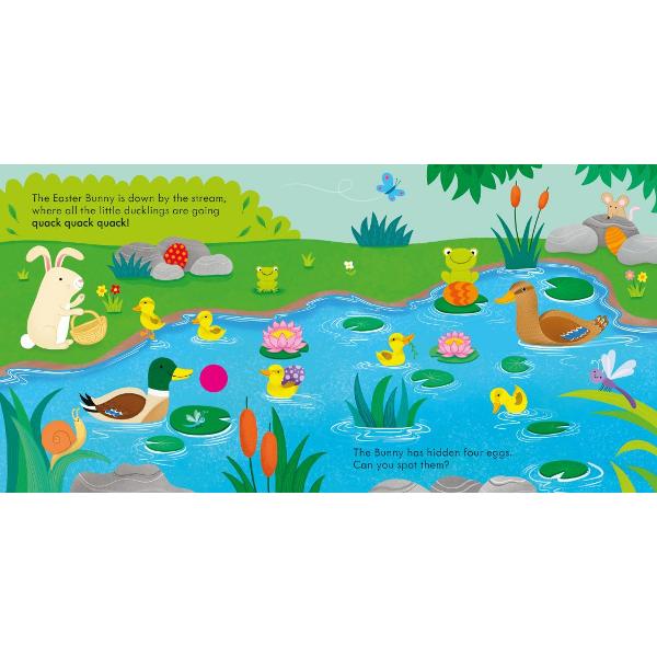 Young children will love pressing the buttons in this charming little book to hear the springtime animals As the Easter Bunny roams around the countryside she meets ducklings quacking in the stream lambs going baa in the meadow and baby birds chirping in the trees She also leaves eggs to hide wherever she goes creating a simple spotting activity to enjoy