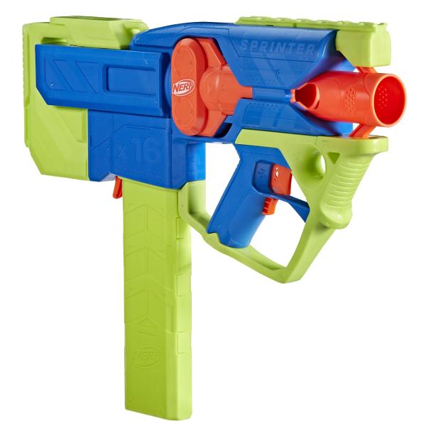 Acest blaster din noua serie este usor durabil si foarte confortabil Fabricat din plastic excelent Seria N ofera jucatorilor avantaj in luptele Nerf cu blastere si sageti care sunt mai rapide si mai precise ducand jocul la cel mai inalt nivel Blasterul este puternic se recomanda folosirea ochelarilor nu sunt inclusi Blasterul vine cu 16 sageti