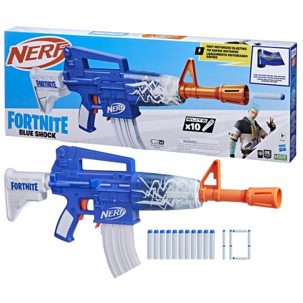 Blasterul Nerf Fortnite Blue Shock este inspirat de echipamentul folosit in Fortnite si vine in invelisul Blue Shock din jocul videoAcesta include un cod bonus care iti permite sa deblochezi The Beat Wrap in joc pentru a-ti personaliza echipamentul onlineArata-te cu Wrap-ul cool al blasterului si arata-le adversarilor tai ca ai abilitatile rapide ca fulgerul pentru a prelua conducerea in orice joc NerfDa putere in bataliile tale cu acest blaster Nerf motorizat care lanseaza 10 sageti la 