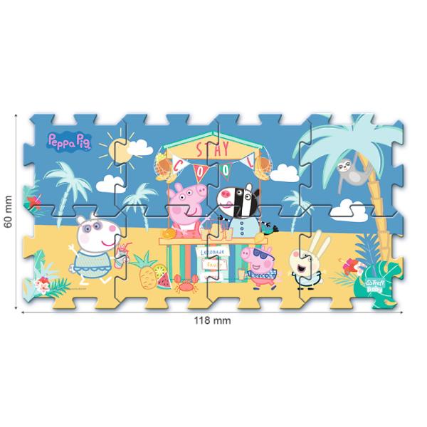 Puzzle de podea Peppa Pig Summer cu piese mari din spuma conceput special pentru cei mici Culorile vibrante si formele prietenoase incurajeaza copiii sa se joace Puzzel-ul contine 8 parti mari moi colorate usor de spalat si pot fi folosite pentru a construi forme 3D de ex Cub sau cutie Poate fi folosit si ca covor de joaca Puzzle-ul din spuma dezvolta imaginatia copiilor si ii ajuta pe copii sa invete culorile si formele Sunt fabricate dintr-un material netoxic fara BPA  Dimensiunea 