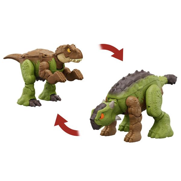 Aceste figurine Jurassic World Double Danger le ofera iubitorilor de dinozauri de doua ori mai mult entuziasm Erbivorele se transforma in carnivore iar inapoi in 11 pasi simpli Sunt disponibile 4 figuri diferite Tyrannosaurus Rex se transforma cu Ankylosaurus in 2 decoruri de design diferite Carnotaurus se transforma cu Stegosaurus si Baryonyx cu Parasaurolophus Caracteristicile specifice speciei sunt proiectate in o jucarie transformatoare grozava pentru copiii de la 6 ani in sus 