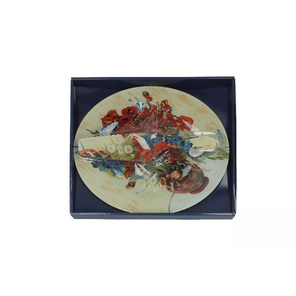 Set cu platou &537;i palet&259; pentru servire – design „Vaza cu flori de maci” de Vincent van GoghAdaug&259; un strop de art&259; &537;i elegan&539;&259; mesei tale cu acest set de servire inspirat de capodopera lui Vincent van Gogh „Vaza cu flori de maci” Platoul din sticl&259; cu un diametru generos de 30 cm este ideal pentru servirea aperitivelor deserturilor sau altor delicii 
