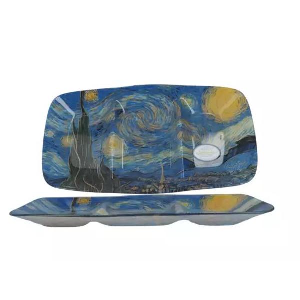 Un platou elegant cu un motiv inspirat din operele lui Van Gogh Calitatea sa înalt&259; îi permite s&259; fie tratat atat ca un obiect de decor dar &537;i pentru utilizare zilnicaDimensiune30x22cmGreutate net&259;12 kg