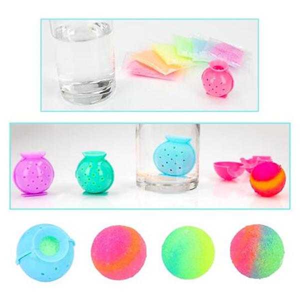 Cu acest set Ylvi î&539;i po&539;i crea propriile bile colorate umple&539;i granulele de neon roz portocaliu galben verde albastru violet în form&259; scufunda&539;i-l în ap&259; cald&259; timp de 20 de secunde &537;i mingea este gata dup&259; 15 minute Bilele pot s&259;ri chiar &537;i pentru o zi sau dou&259; Patru seturi diferite fiecare cu forme colorate diferite roz violet albastru verde