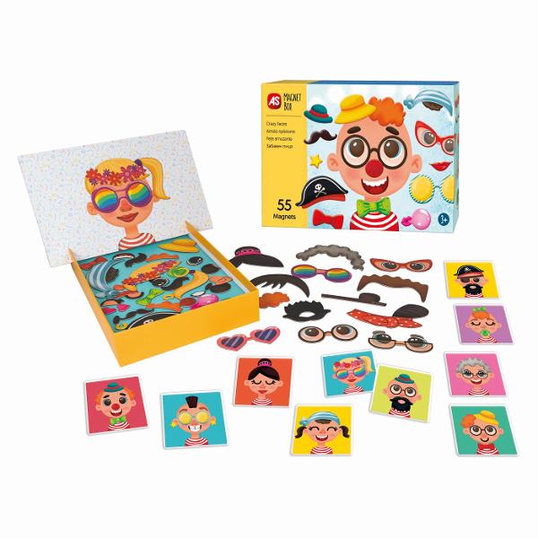 AS Magnet Box Fetisoare Amuzante este un joc extrem de distractiv si educativ ii familiarizeaza pe copii cu caracteristicile umane deoarece ii invata sa combine magnetii pentru a forma fetele indicate pe carduri Ajuta la dezvoltarea observatiei copilului dar si a imaginatiei acestuia deoarece pot combina si magnetii dupa cum doresc pentru a forma noi fete ale imaginatiei lorContine 55 de magneti de carton tabla magnetica 10 carti cu doua fete Varsta recomandata 3 ani