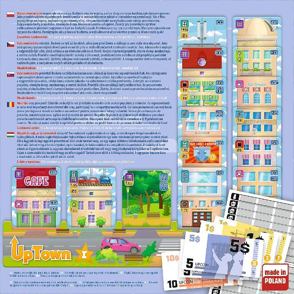 Uptown este un joc de familie pentru 2-4 jucatori in care te poti strecura in dezvoltator pentru a freca cea mai prestistica strada din oras intr-o singura piesa Dezvoltati abilitatile de gandire strategica prin construirea de case cladiri de birouri si centre de servicii Fii inteligent si joaca-ti hartile cladirii Potrivit pentru adulti si copii peste 10 ani Timp de joc estimat la 45 de minute Pachetul contine 112 carduri de proiect fata-verso 4 acoperire de drum 96 de bancnote un 