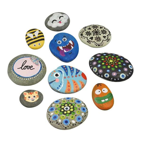 Un set cu 10 pietre adev&259;rate pentru decorat dupa imaginatia fiecaruia Alege&539;i o piatr&259; &537;i decora&539;i-o cu vopsea autocolante sau markere Pute&539;i ascunde piatra unde doriti pentru ca un alt copil s&259; o g&259;seasc&259; sau o puteti folosi ca si element decorativCon&539;ine 6 pietre de 5–7 cm 4 pietre de 3–5 cm suport de lemn pensul&259; vopsea in 6 culori 12 ochisori adezivi autocolante betisor de inghetata 