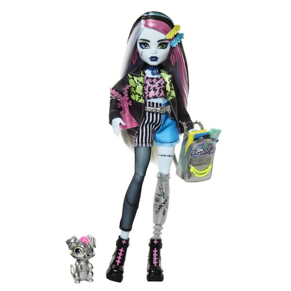 Frankie Stein este un icon de stil infricosatoare Aceasta papusa Monster High este prezentata intr-o tinuta din denim mozaic care isi arata simtul electrizant al modei Watzie cainele de companie este gata sa se alature distractiei infricosatoare Papusa Frankie Stein este un cadou minunat pentru copiii de la 4 ani in sus Complet articulata Papusa nu poate sta singura Culorile si decoratiunile pot varia