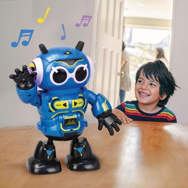 Functii 2 moduri de joc Modul dans - Atingeti senzorul pentru a dansa Modul DJ - Atingeti senzorul pentru a face diverse remixuriSilverlit Robo Beats II este un robot interactiv pentru copiii carora le place sa danseze Robotul este echipat cu lumini reci si efecte sonore de descoperit Are un senzor pe cap care reactioneaza la atingere impreuna cu ochi si urechi stralucitori draguti Daca atingeti usor Robo Beats pe cap acesta va incepe sa danseze si sa redea muzica robotul reda trei 