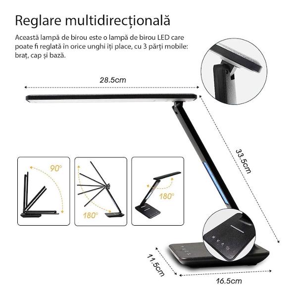 Lampa cu led de birou incarcator wireless 10W  LexiumIncarcare wireless QIIncarcare USBIncarcator inclusControl tactil3 temperature de culoare5 trepte de luminozitate40-420 lumenTensiune intrare DC 5V 5W Incarcare wireless DC 12V 10W Incarcare wirelessLuminozitate 40-420 LmTemperaturi de culoare 3000K-4500K-6000KMaterial ABSPSAfisare ora data si temperatureCeas desteptatorTensiune 
