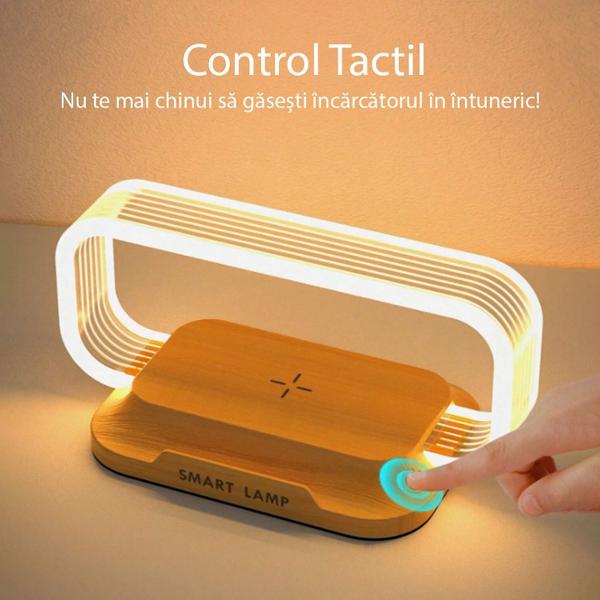 Lampa de noptiera cu incarcator wirless 10W LexiumIncarcare wireless;3 temperaturi de lumina;Reglare intensitate;Suport de telefon;Tensiune intrare 9V DC 2ADimensiune 150x77x72 mmLuminozitate 80 LmTemperaturi de culoare 3000K-4500K-6000KMaterial PMMAABS