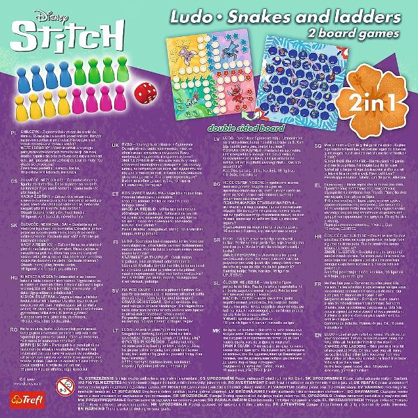 Disney Stitch 2in1 Ludo Serpisori &amp Scari este un joc de societate pentru intreaga familie Descopera distractia alaturi de personajul indragit Stitch in acest joc 2in1 care aduce impreuna doua dintre cele mai iubite jocuri clasice Ludo si Serpisori Scari Cu un design colorat si tematic inspirat din universul Disney acest joc este perfect pentru copii si familie 2 jocuri intr-unul singur pe o parte a tablei de joc se afla clasicul Ludo iar pe cealalta parte jocul Serpisori si Scari 