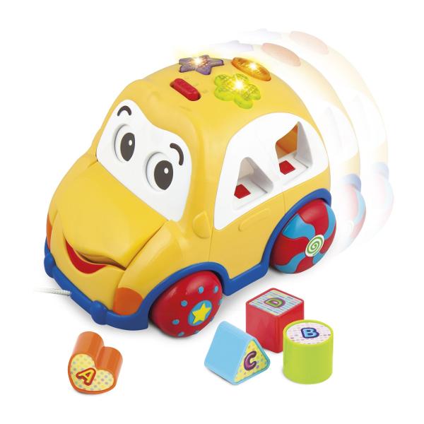 Masinuta cu forme de sortat este o jucarie interactiva care combina distractia cu invatarea Cand masinuta este trasa se activeaza miscarea ochilor si a gurii in timp ce reda fraze amuzante si melodii vesele Masina include o activitate de sortare a formelor avand patru forme colorate triunghi inima cerc si patrat ajutand copilul sa invete sa recunoasca si sa sorteze formele corect Jucaria are doua moduri de joc Modul de Joaca care invata copilul sa identifice formele si sa invete rima 