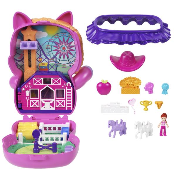 Gentutele Polly Pocket detin lumi mici cu surprize mari in interior pe care fetele si baietii le pot duce oriunde Fiecare jucarie portabila prezinta la exterior o forma adorabila de animal cu un detaliu de joaca interactiv cei mici pot combina accesoriile pentru a ingriji animalul de cate ori doresc Cand au terminat de decorat exteriorul copiii pot deschide carcasa pentru a dezvalui o papusa mai multe functii de joaca din mers si mai mult de 10 accesorii Arunca o petrecere de pijama pentru 