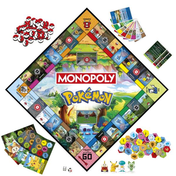 Intra in cursa pentru a-l prinde pe salbaticul Pokemon Jocul Monopoly editia Pokemon combina jocul clasic Monopoly cu actiunea captivanta de prindere a Pokemonilor Joaca rolul unui Antrenor de Pokemoni care se aventureaza printr-un tinut vast alaturi de un partener Pokemon In acest joc distractiv pentru copii proprietatile sunt locatii extraordinare iar Poke Ball inlocuiesc banii Jucatorii exploreaza locatii prind diferite tipuri de Pokemoni salbatici pe care sa ii adauge pe covorasul de 