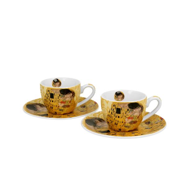 Set cu dou&259; ce&537;ti de espresso de 110 ml cu farfurioare THE KISS ECRU inspirate de Gustav Klimt parte a seriei Art Gallery  realizate din por&539;elan de calitate superioara caracterizate printr-o culoare alb-crem elegant&259; &537;i natural&259; cu o str&259;lucire delicat&259; precum &537;i o durabilitate excep&539;ional&259;Setul este decorat cu o reproducere a 